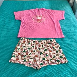 Sanrio Pink Hello Kitty Pajama Set; Cracks in T-Shirt Emblem-Last Photo